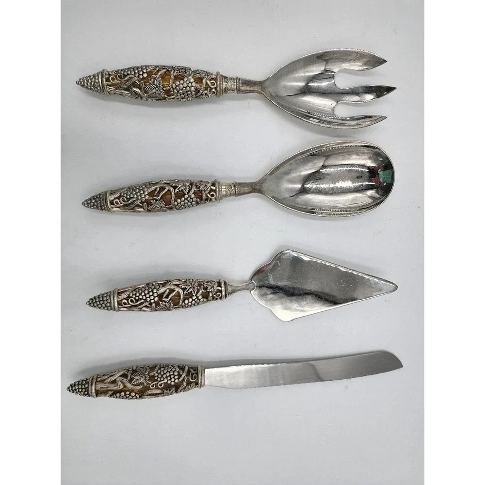 Godinger Silver-Plated Filigree Grape Handle Amber Crystal Silverware Set